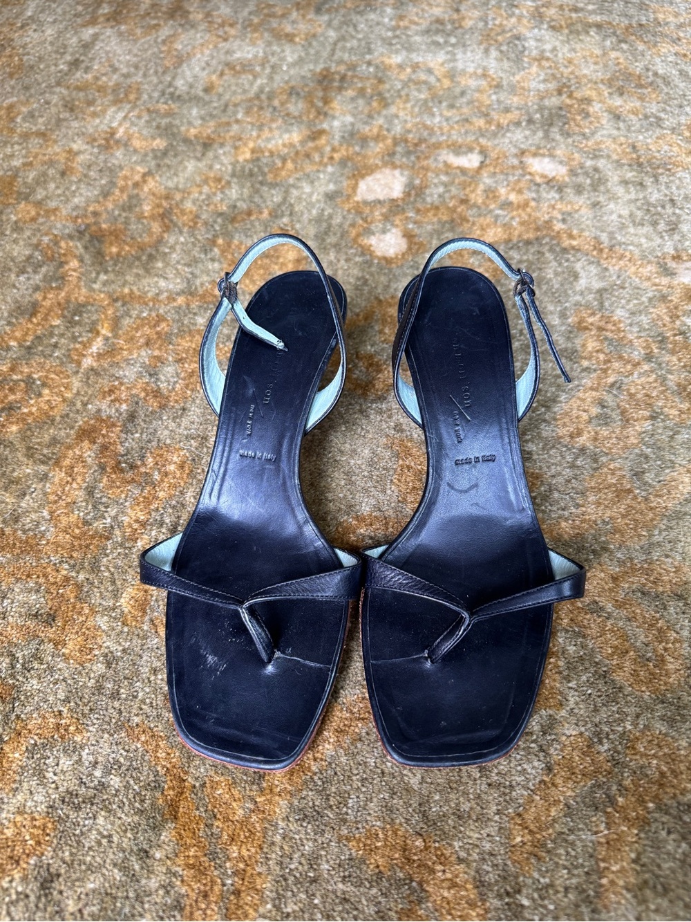 Sigerson Morrison Black Leather Slingback Heels with Light Blue Trim